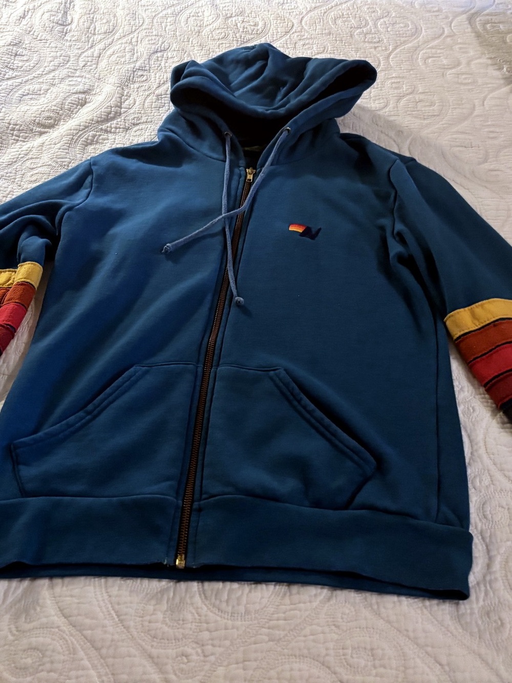 Aviator Nation Navy Zip Hoodie with Red and Yellow Sleeve Stripes